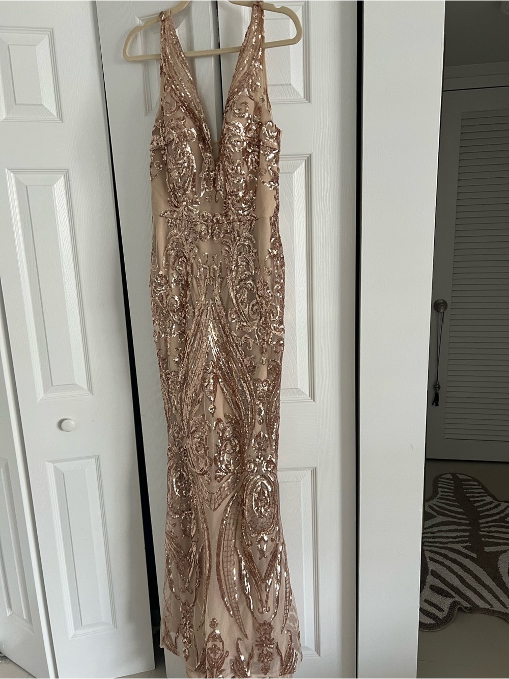 Rose Gold Sequin V-Neck Evening Gown